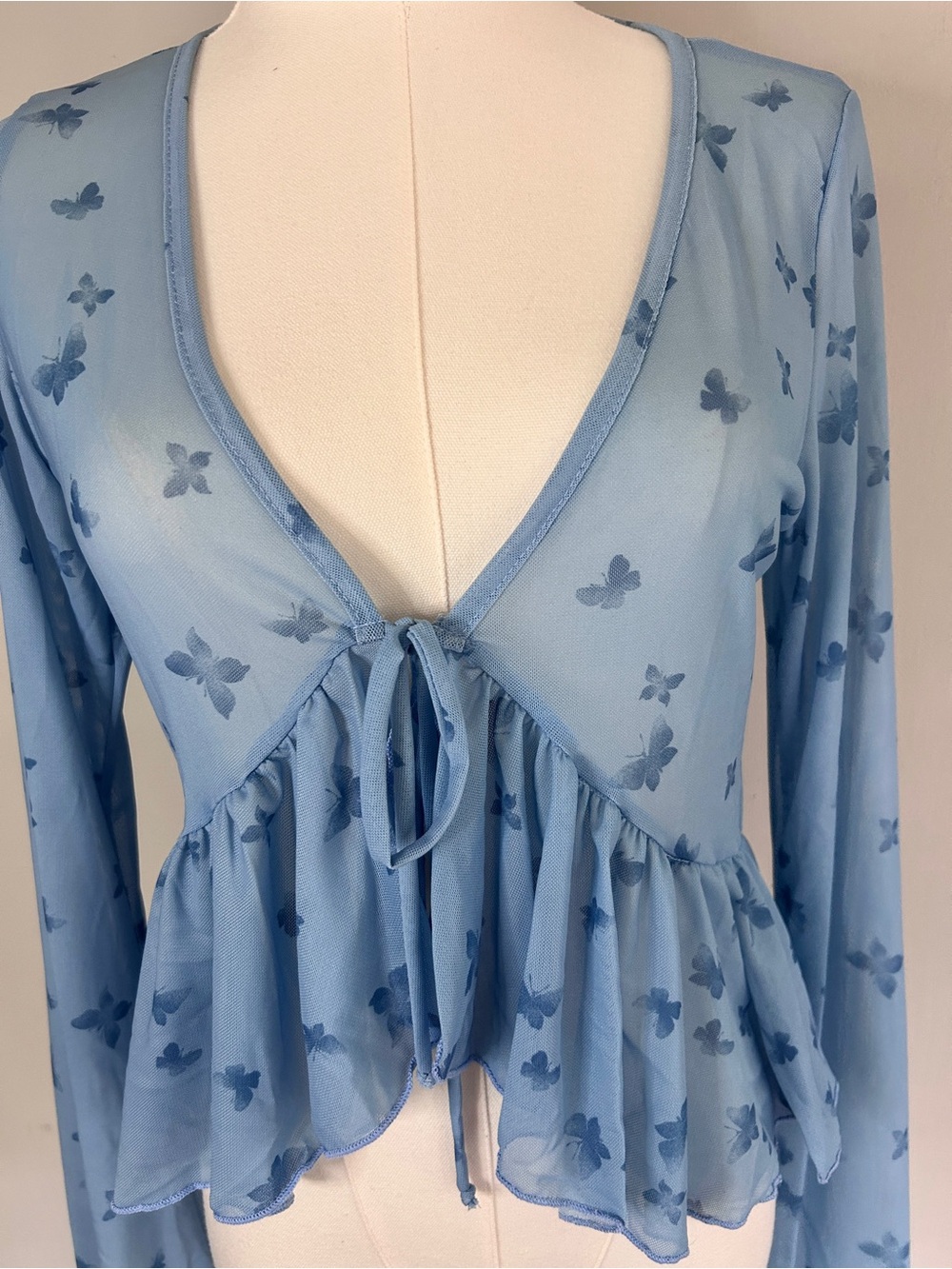 Y2K Babydoll Sheer Mesh Butterfly Bell Sleeve Ruffle Tie Top Fairy Coquette | XL - Picture 4 of 12